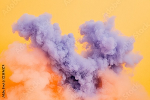 Vivid purple and orange smoke swirls against a bright yellow backdrop, creating a dynamic and energetic visual display that captures movement and vibrant energy.