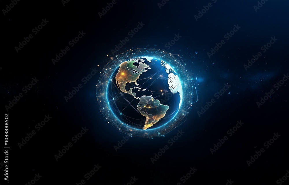 A glowing blue and white globe surrounded by a network of lines and dots against a dark blue background. A glowing blue and white globe surrounded by a network of lines and dots against a dark blue background.