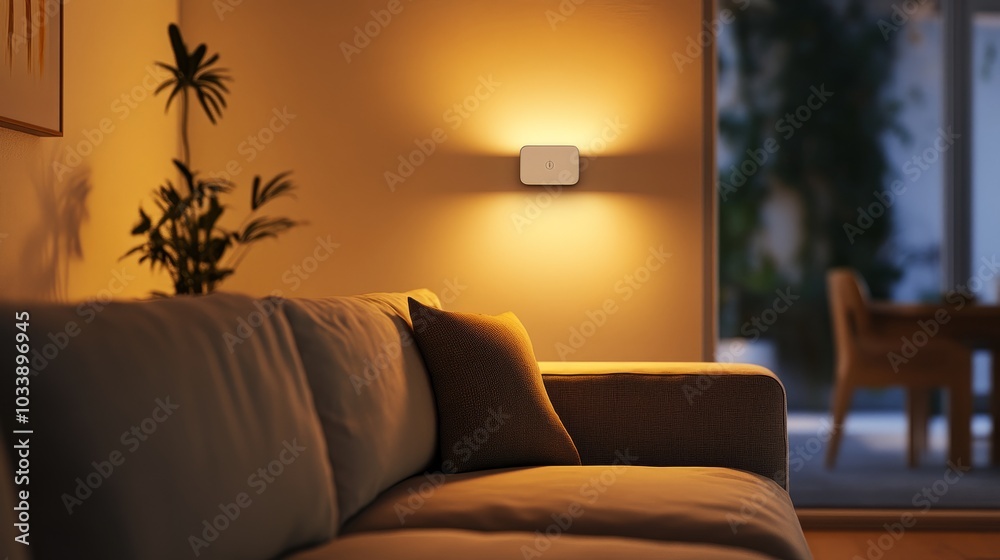 A soft-lit wall lamp powered by a smart plug, creating a cozy atmosphere in a minimalist living room. A soft-lit wall lamp powered by a smart plug, creating a cozy atmosphere in a minimalist living room.