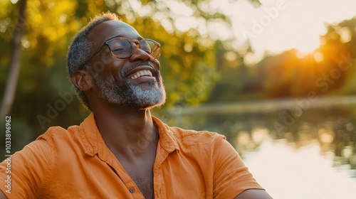 a joyful black man in his 50s radiating happiness amid a picturesque natural park near a lake, exuding confidence and relaxation, capturing the essence of a fulfilled life in nature