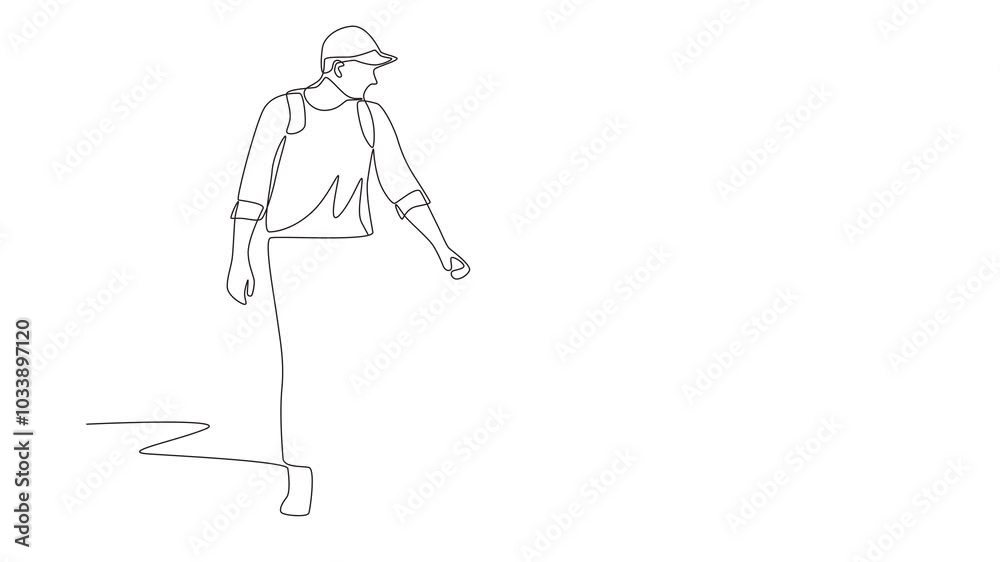 Animated family going hiking. Hiking with families concept one-line drawing Animated family going hiking. Hiking with families concept one-line drawing