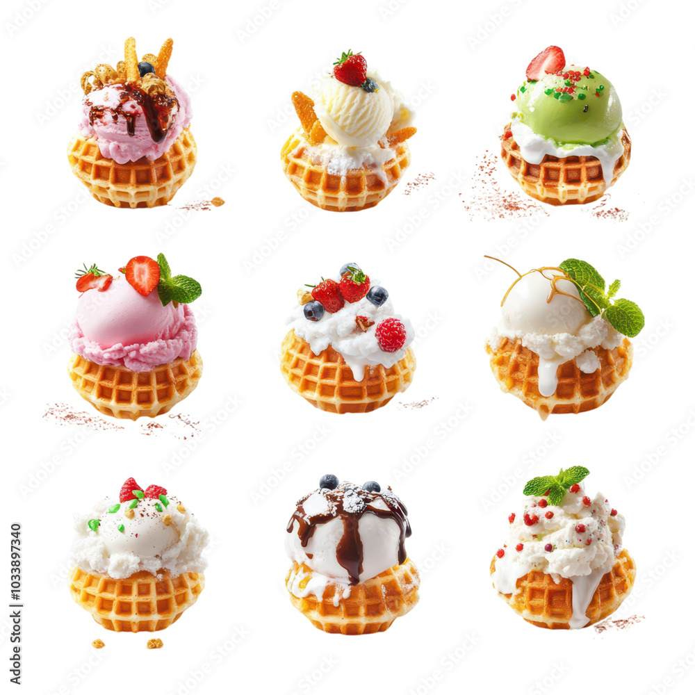 Delicious set of bubble waffles filled with creamy ice cream and topped with fresh fruits and drizzled chocolate. Delicious set of bubble waffles filled with creamy ice cream and topped with fresh fruits and drizzled chocolate.