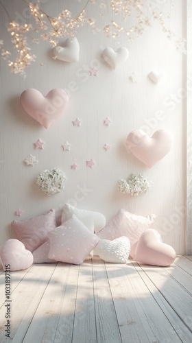 Cute Children’s Backdrop with Heart-Shaped Pillows and Flowers