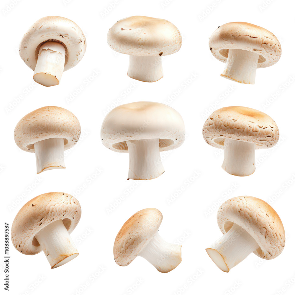 Set of classic button mushrooms with smooth white caps, perfect for culinary and food photography. Set of classic button mushrooms with smooth white caps, perfect for culinary and food photography.