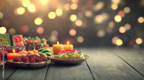 A festive display of sweets and candles, creating a warm, celebratory atmosphere.