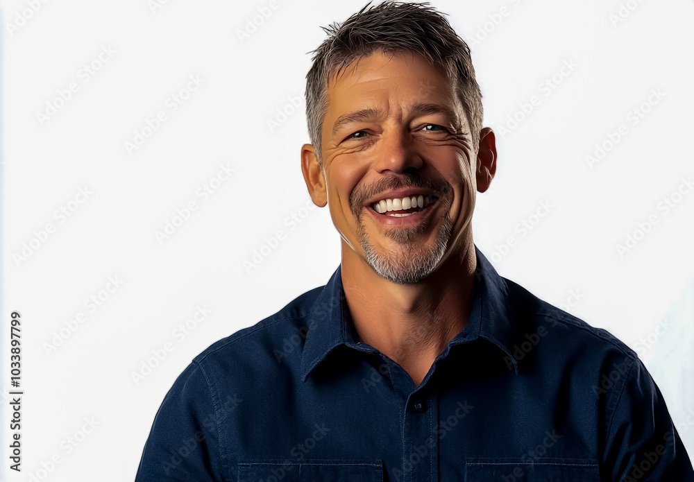 Obraz premium A laughing middle-aged man is interviewed for a video about his home design business.