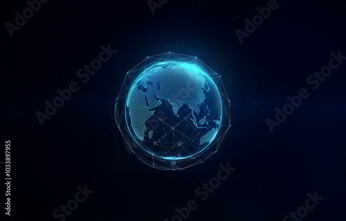 A glowing blue globe with a geometric outline, set against a dark blue background.