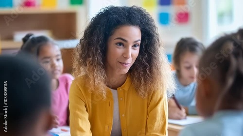  A teacher leading an inclusive classroom discussion with students of diverse backgrounds, ensuring every student is engaged and valued, fostering a supportive and equitable learning environmen photo