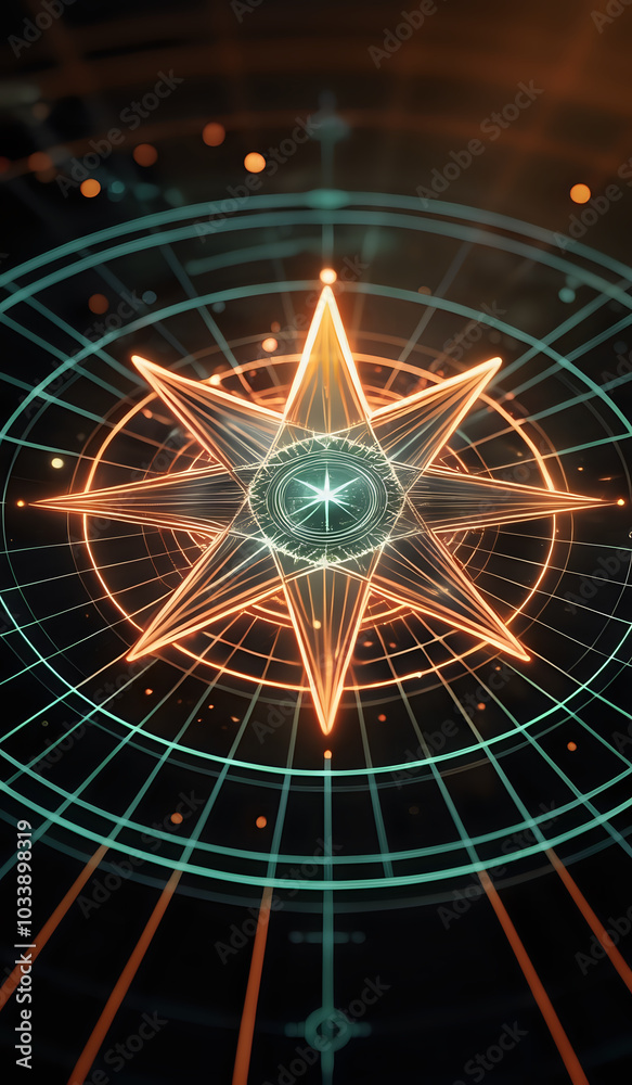 A holographic nautical compass on top of glowing lines representing network communication with sparkles of light in orange and green tones A holographic nautical compass on top of glowing lines representing network communication with sparkles of light in orange and green tones
