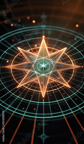 A holographic nautical compass on top of glowing lines representing network communication with sparkles of light in orange and green tones