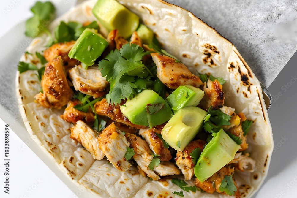 A close-up of a tortilla filled with grilled chicken, avocado, and cilantro. A close-up of a tortilla filled with grilled chicken, avocado, and cilantro.