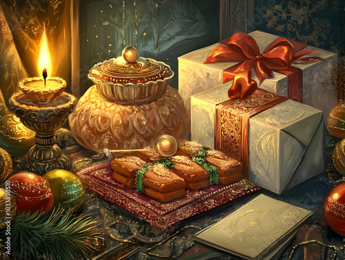 A cozy holiday scene with gifts, sweets, and a candle creating a warm atmosphere. photo