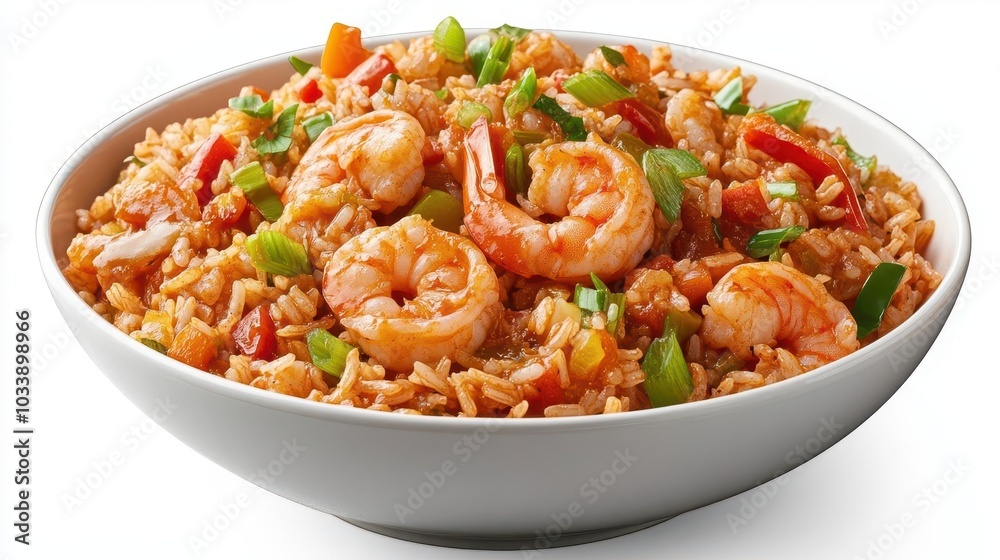 a steaming bowl of jambalaya rice, filled with vibrant ingredients like shrimp and peppers, presented against a stark white background, emphasizing its appetizing textures