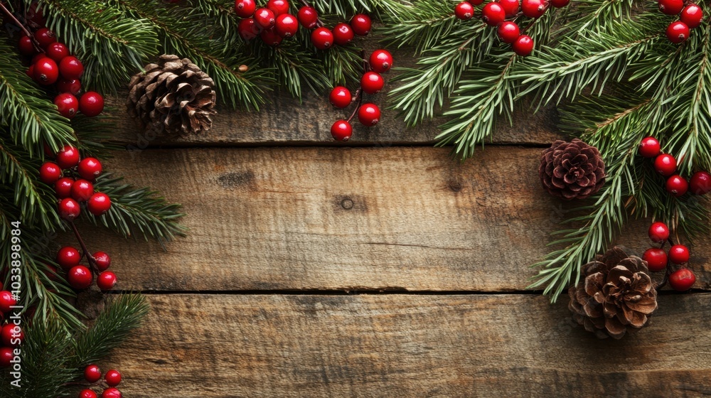 Festive Evergreen Branches with Red Berries on Rustic Wooden Surface Festive Evergreen Branches with Red Berries on Rustic Wooden Surface