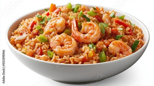 a steaming bowl of jambalaya rice, filled with vibrant ingredients like shrimp and peppers, presented against a stark white background, emphasizing its appetizing textures