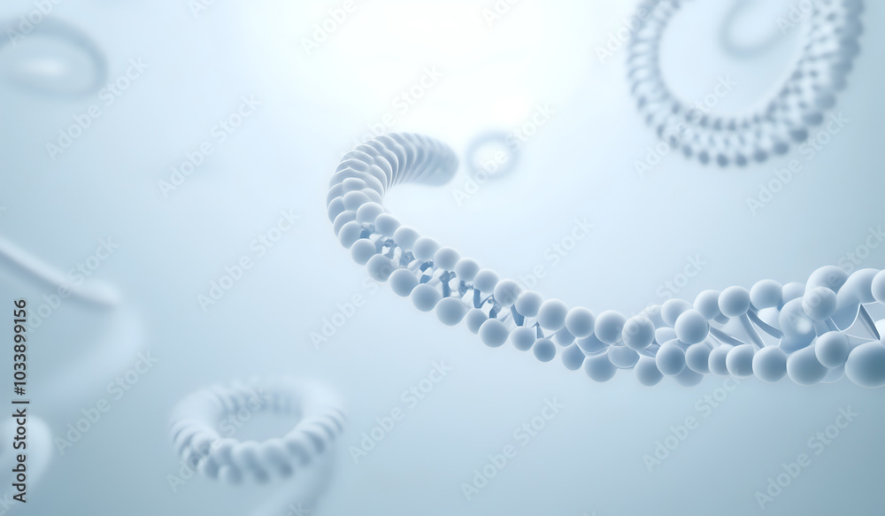 Holographic rendering of a DNA chromosomes representing digital, high-tech advances in medicine and human health in white tones. Holographic rendering of a DNA chromosomes representing digital, high-tech advances in medicine and human health in white tones.