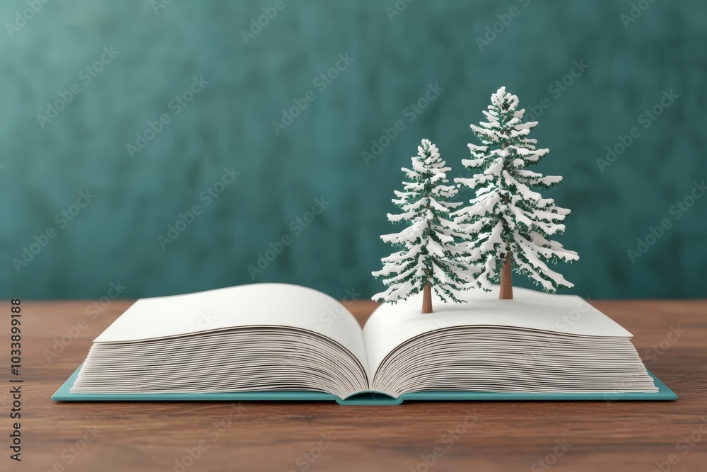 A snowy forest scene emerges from an open book, creating a whimsical and artistic representation of nature and literature. A snowy forest scene emerges from an open book, creating a whimsical and artistic representation of nature and literature.