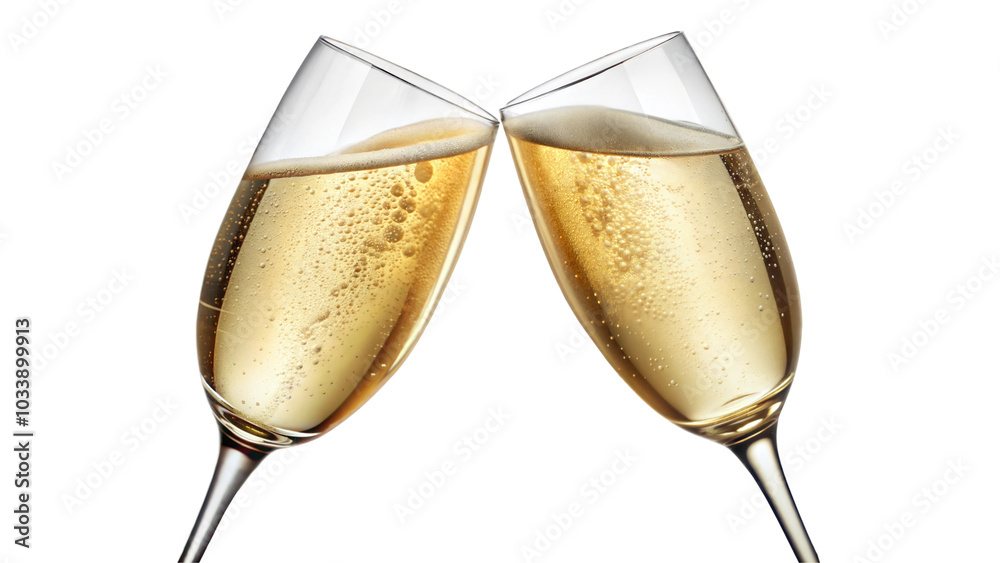 Two glasses of champagne clinking together on a festive occasion, isolated on transparent or white background. Two glasses of champagne clinking together on a festive occasion, isolated on transparent or white background.