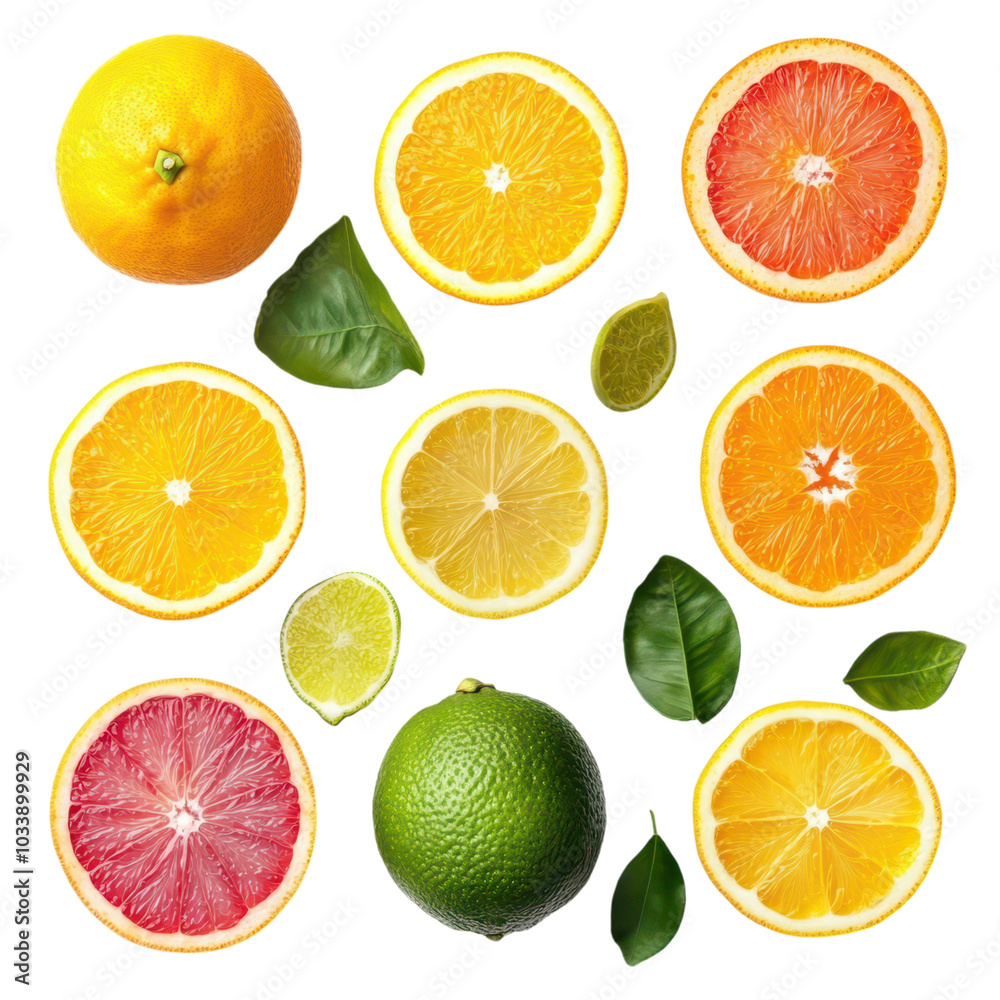 Obraz premium Vibrant Set of Citrus Fruits: Oranges, Lemons, and Limes - Fresh and Zesty Delight for Your Designs