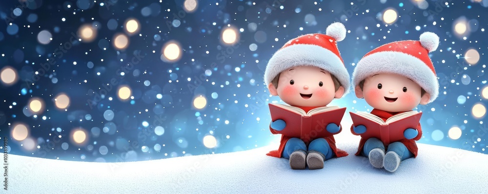 Naklejka premium Two cheerful children in Santa hats reading a book together in a snowy setting, surrounded by falling snowflakes and glowing lights.