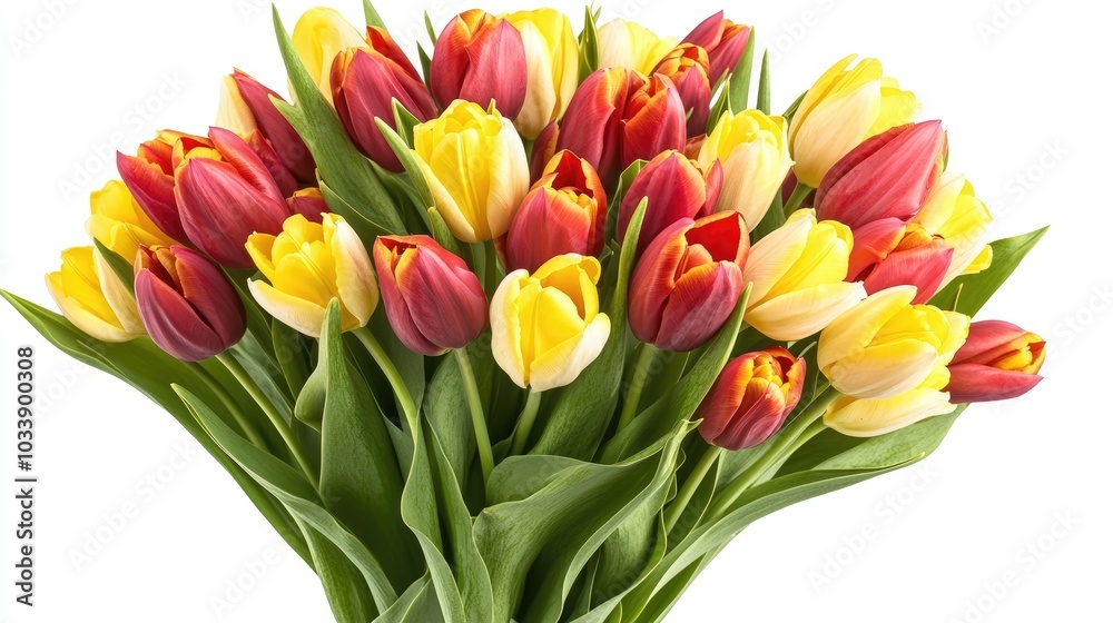 A vibrant bouquet of red and yellow tulips, symbolizing love and happiness, ideal for romantic or celebratory occasions