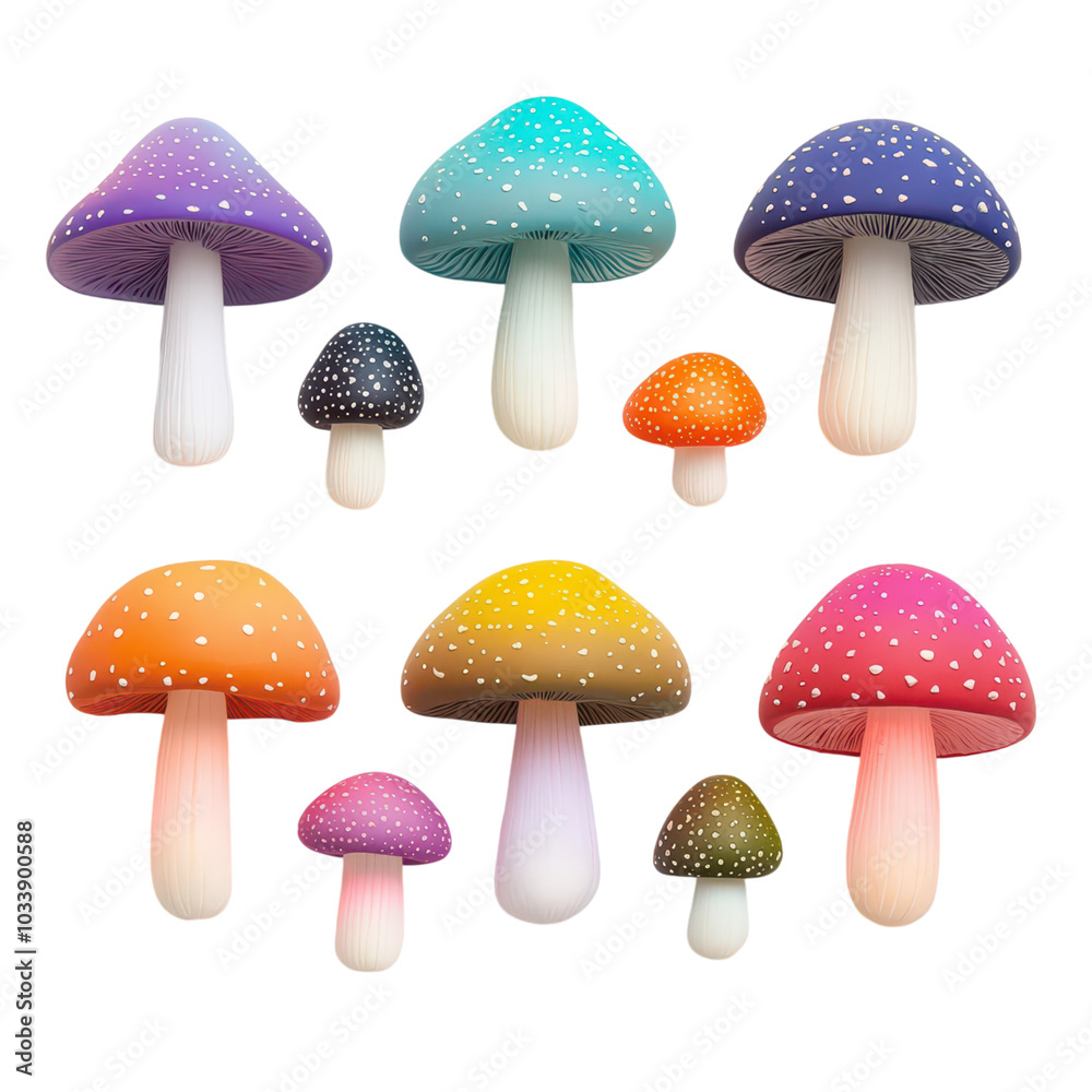 Vibrant collection of glowing fantasy mushrooms in a magical, colorful forest setting. Vibrant collection of glowing fantasy mushrooms in a magical, colorful forest setting.