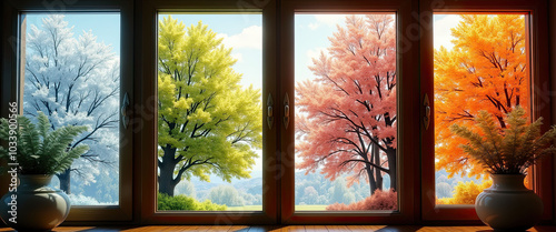 Quadruple window view showcasing colorful trees through seasonal changes from spring to winter photo