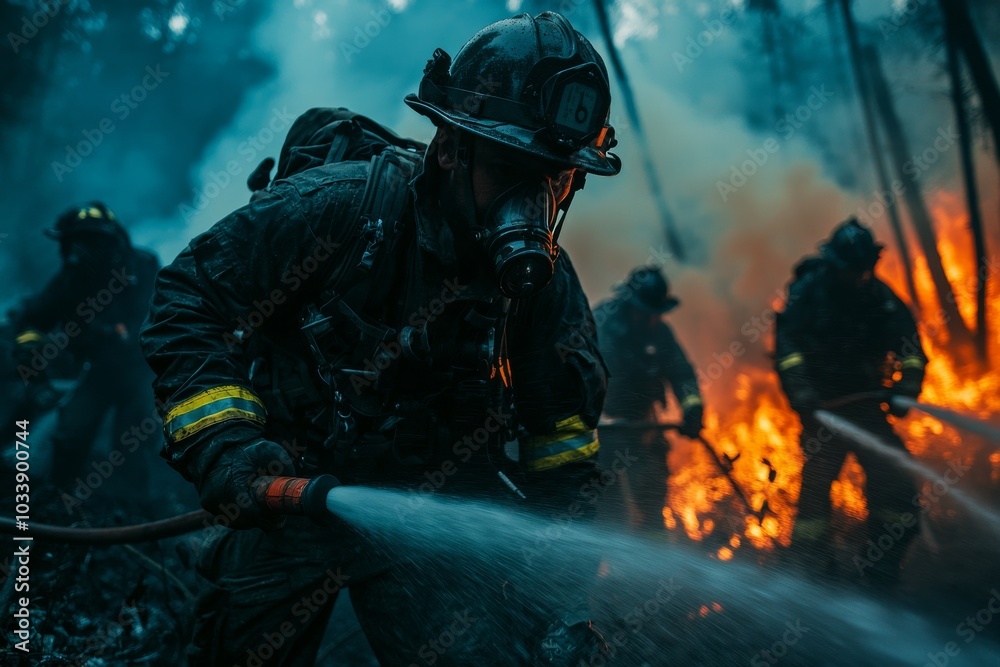 Team of Firefighters Battling a Fierce Wildfire, Intense Flames and Smoke in a Dramatic Forest Scene Team of Firefighters Battling a Fierce Wildfire, Intense Flames and Smoke in a Dramatic Forest Scene