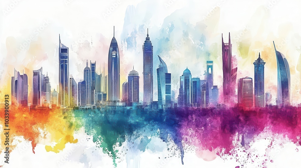 Fototapeta premium a vibrant watercolor illustration celebrating saudi national day, showcasing iconic buildings in a colorful palette, reflecting the cultural richness and architectural beauty of the nation