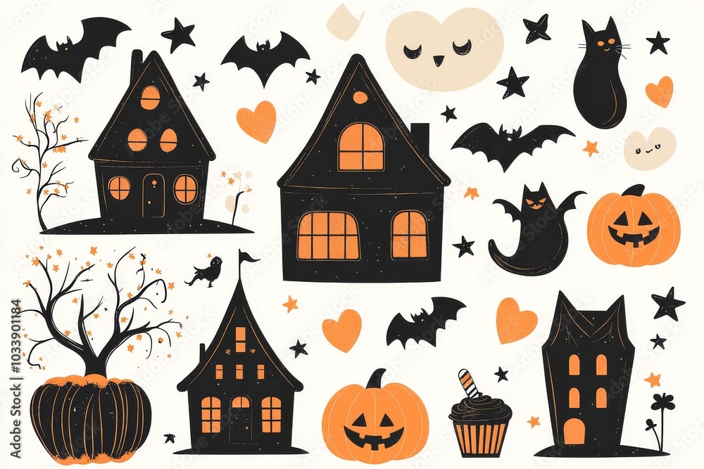 Cute Halloween Icons in Beige and Black with Orange Accents, Featuring Spooky Houses, Pumpkins, Cats, and Ghosts. Cute Halloween Icons in Beige and Black with Orange Accents, Featuring Spooky Houses, Pumpkins, Cats, and Ghosts.