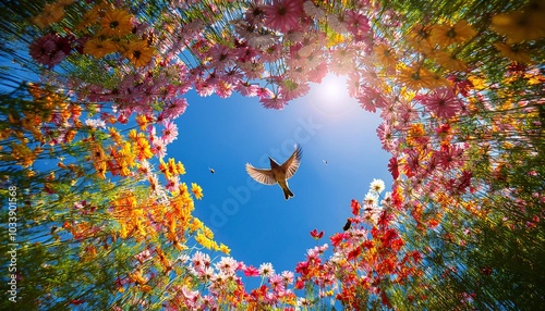 Small petal colorful fresh flowers and small bird flying  blow in the sky blue