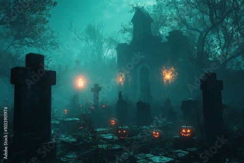 Halloween Night Scene Featuring a Spooky Graveyard, Illuminated Jack-o'-Lanterns, and a Misty Forest in Hyper-Realistic Digital Airbrushing Style.