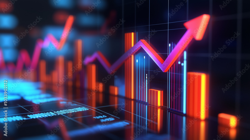 3D bar chart illustrating market dynamics with an upward arrow, representing growth and trends in a simplified and dynamic design 3D bar chart illustrating market dynamics with an upward arrow, representing growth and trends in a simplified and dynamic design