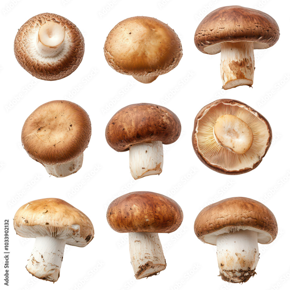 Set of freshly picked rustic edible forest mushrooms arranged on a wooden table, showcasing nature's bounty. Set of freshly picked rustic edible forest mushrooms arranged on a wooden table, showcasing nature's bounty.