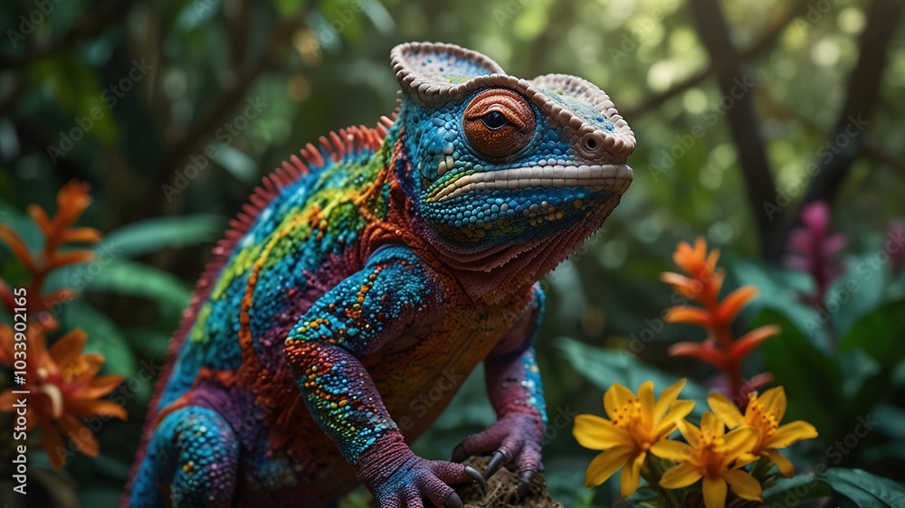 Obraz premium Vibrant Chameleon Camouflages in Tropical Rainforest Oasis