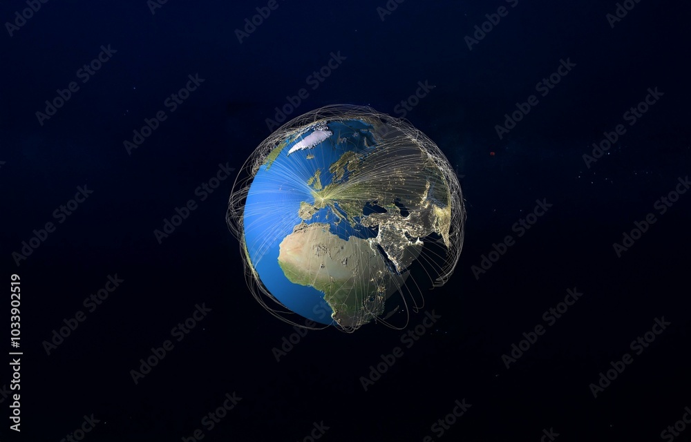 A globe with continents and a web of lines radiating out from Europe.