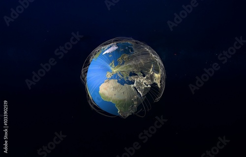 A globe with continents and a web of lines radiating out from Europe.