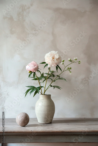 Fototapeta Naklejka Na Ścianę i Meble -  bouquet of white peonies still life composition, white flowers in a vase