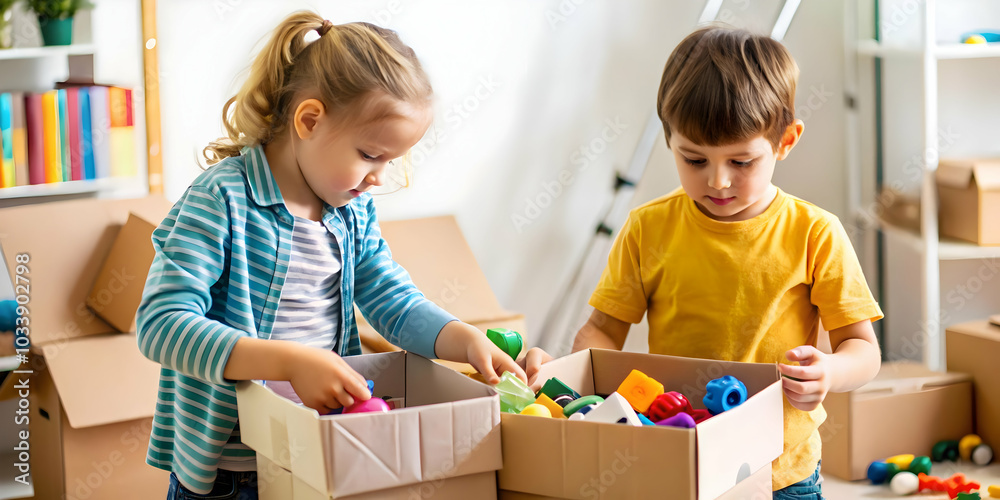 Kids Sorting and Packing Toys: Two Diligent Children Organizing Their Toys into Boxes in a Playful Setting, Showcasing Teamwork and Organizational Skills | Photo Stock Concept Kids Sorting and Packing Toys: Two Diligent Children Organizing Their Toys into Boxes in a Playful Setting, Showcasing Teamwork and Organizational Skills | Photo Stock Concept