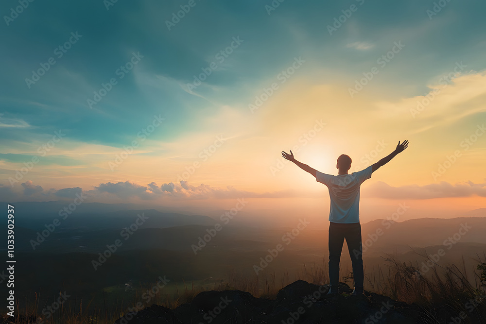 Happy man rise hand on morning view. Christian inspire praise God on good friday background. Now one man self confidence on peak open arms enjoying nature the sun concept world wisdom fun hope. Happy man rise hand on morning view. Christian inspire praise God on good friday background. Now one man self confidence on peak open arms enjoying nature the sun concept world wisdom fun hope.