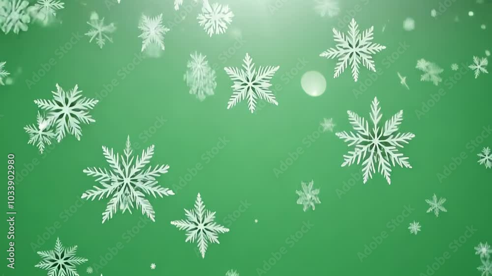 Various snowflakes gently drift on a green background, adding a holiday spirit to the scene. VIDEO Various snowflakes gently drift on a green background, adding a holiday spirit to the scene. VIDEO