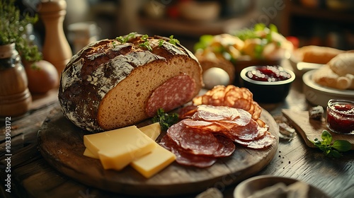 A traditional German breakfast scene with pumpernickel bread at the center, served with cheese, cold cuts, and jam. The bread’s dense,