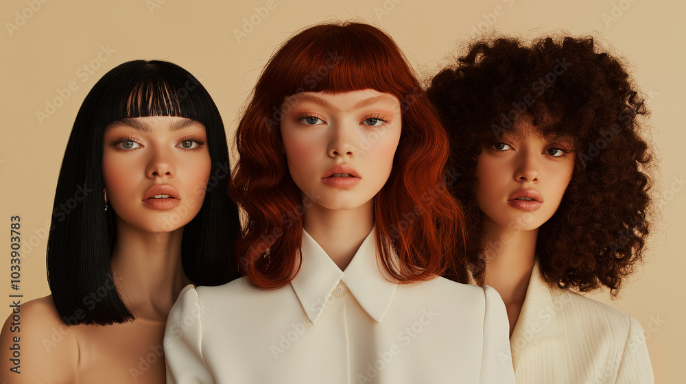 Three women with different hair colors and styles pose for a photo. Scene is confident and bold, as the women are standing close together and showing off their unique features Three women with different hair colors and styles pose for a photo. Scene is confident and bold, as the women are standing close together and showing off their unique features