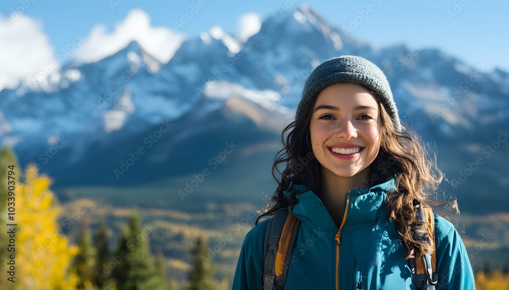 Smiling Woman with Blue Jacket and Backpack in Front of Mountains Smiling Woman with Blue Jacket and Backpack in Front of Mountains