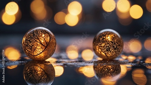 Abstract image of glowing colorful balls and frozen leafs on a blurred background with golden bokeh balls. Christmas theme.