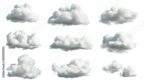 Various Clouds in a Set, Isolated on a Blank White Background