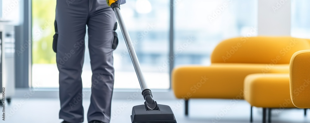 Professional cleaner in uniform vacuuming office space, ergonomic furniture and large windows, office cleaning, corporate environment Professional cleaner in uniform vacuuming office space, ergonomic furniture and large windows, office cleaning, corporate environment
