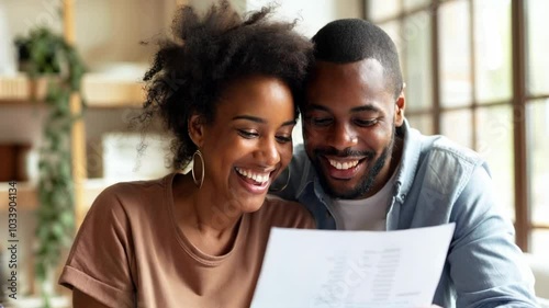 A happy couple reviewing a document. Money savings, tax return, investment, retirement, loan concept. 4k photo