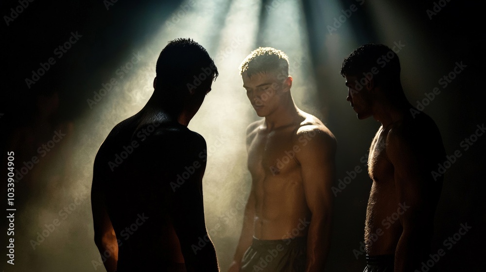 Boxing match in a smoky, dimly lit underground arena, the fighters illuminated by harsh spotlights, casting deep shadows on their sweat-soaked bodies Boxing match in a smoky, dimly lit underground arena, the fighters illuminated by harsh spotlights, casting deep shadows on their sweat-soaked bodies