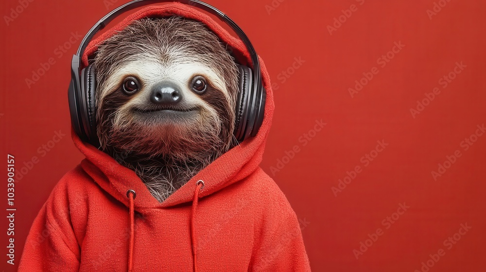 Fototapeta premium adorable sloth in a cozy red hoodie and headphones, exuding charm and playfulness, appealing to urban lifestyle themes. the relaxed expression captures the essence of a carefree, music-loving creature